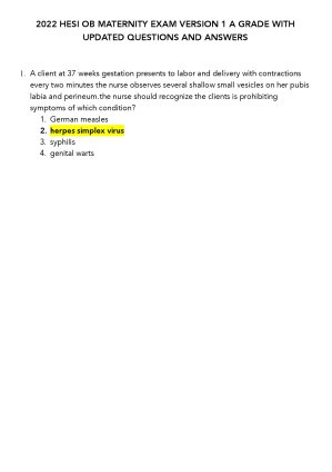 2022 Hesi Ob Maternity Exam Version 1 A Grade With Updated Questions And Answers thumbnail